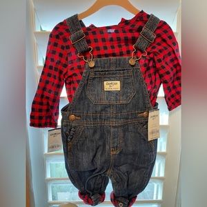 NBW OshKosh BGosh Overalls lined w/RedPlaid + Matching Onesie